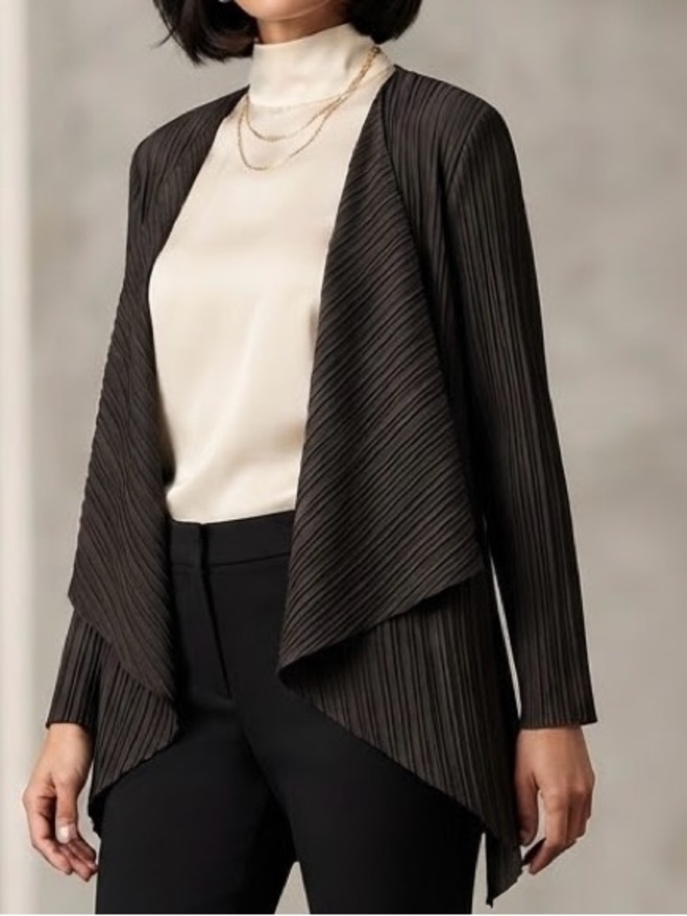 Chico's Black Pleated Open Front Topper Cardigan Size 2 / L